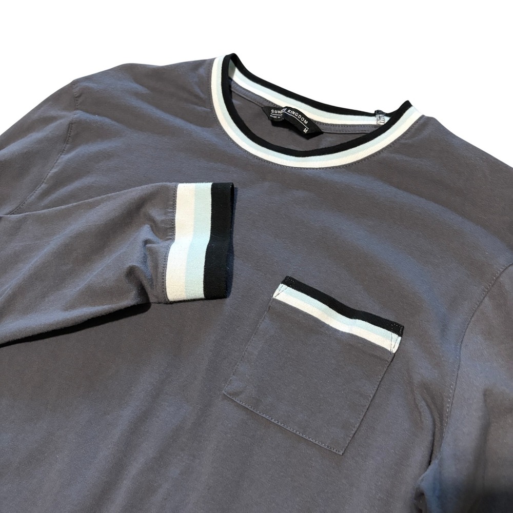 Sunrise Kingdom Mens Long Sleeve Pocket T-Shirt Gray Striped Trim Size M